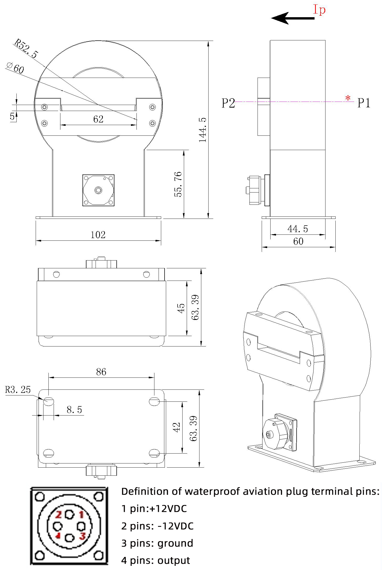 TRXL-60W شكل مستشعر التأريض الأساسي للمحول وأبعاد التثبيت